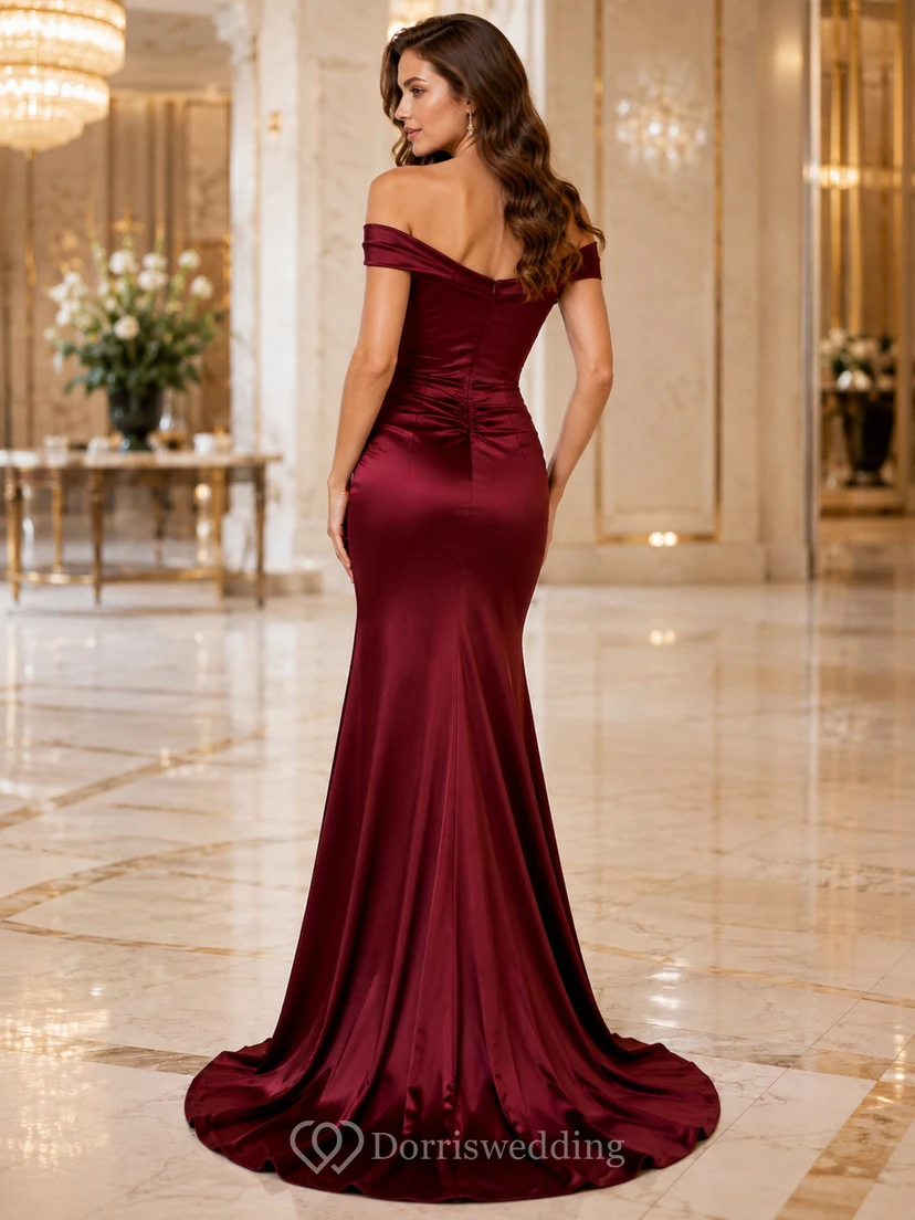 Burgundy Satin Off Shoulder Slit Mermaid Evening Dress view 2