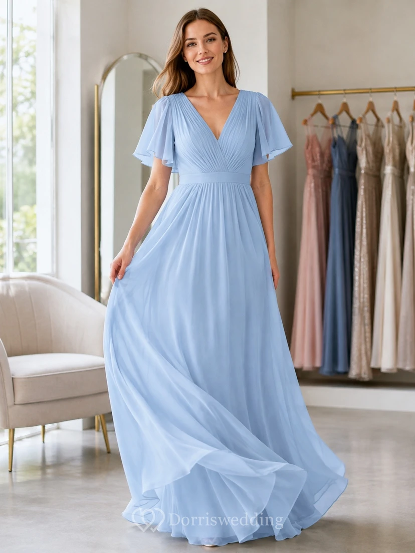 Vestido formal de gasa azul cielo con escote en V y manga corta, corte en A