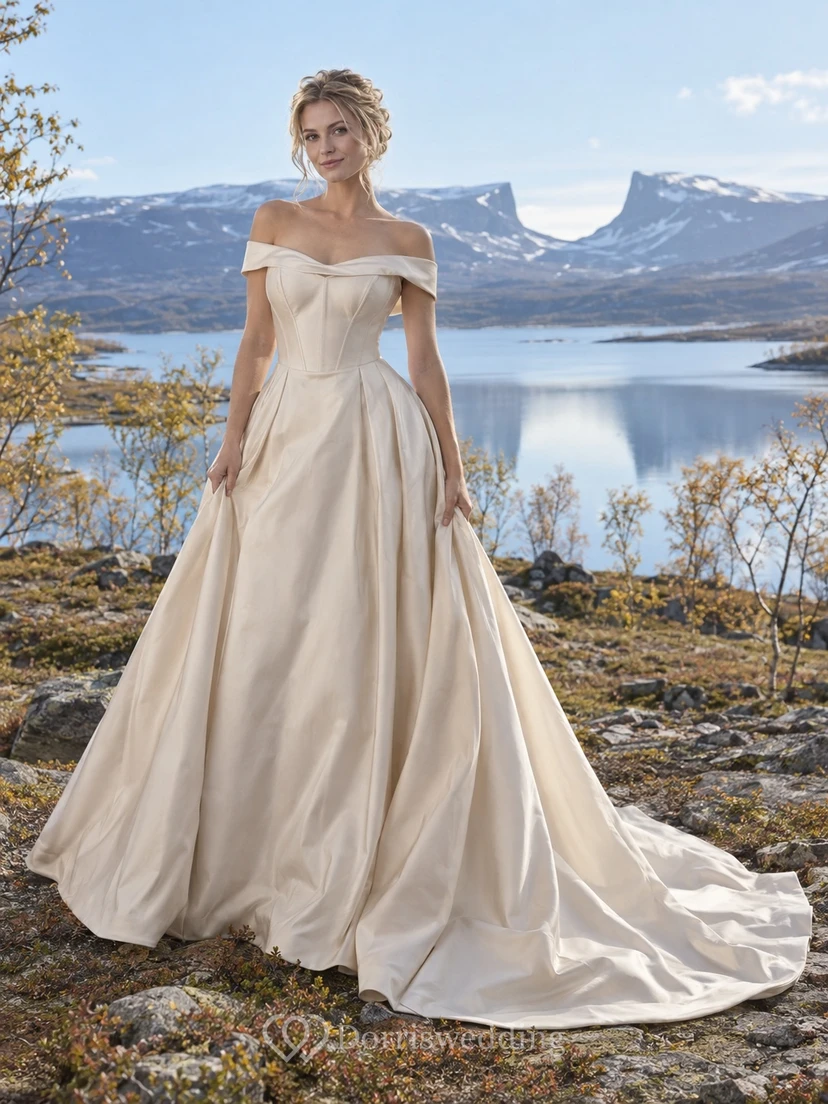 Vestido de novia de tafetán color champán con escote asimétrico, corte en A, escote plisado y corpiño con paneles.