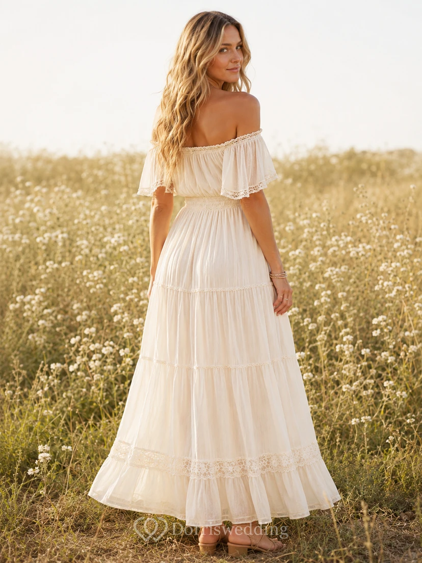 Ivory Off-Shoulder Tiered Chiffon Lace Bohemian Country Dress Refined Occasion view 2