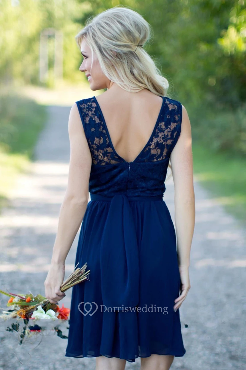 A-line Short Jewel Sleeveless Bell Backless Chiffon Lace Dress view 2