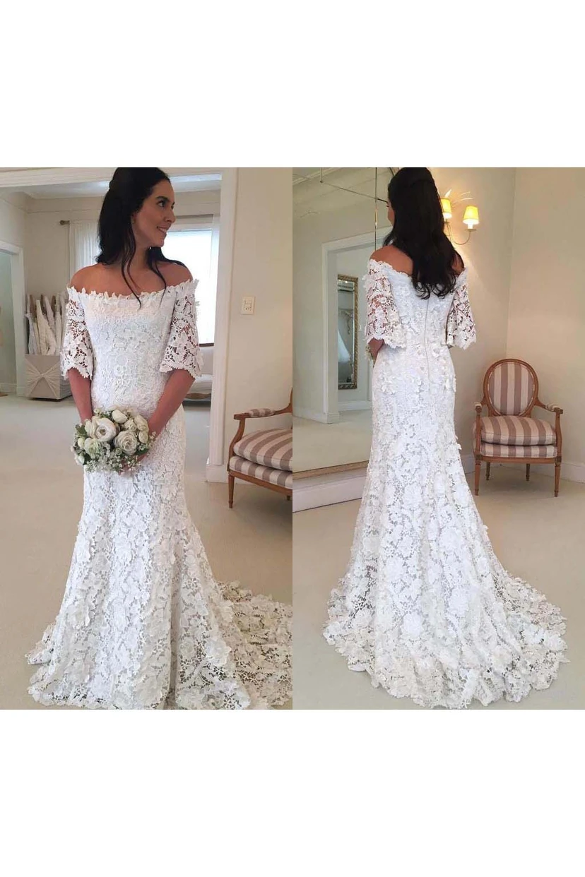 Vintage-Brautkleid im Boho-Stil mit schulterfreiem Ausschnitt, halblangen Ärmeln und Spitze view 4