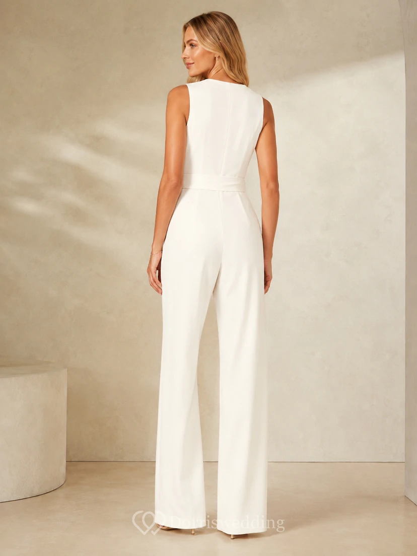 Mono largo hasta el suelo con escote en V, sin mangas, de satén elástico, sencillo y moderno, ideal para bodas o ceremonias. view 2