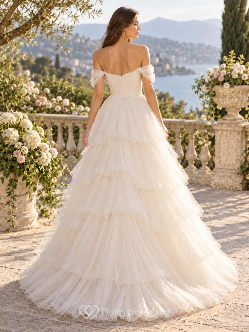Off Shoulder Tulle Sweetheart Ruched Bodice Tiered Airy Romantic Full-Length Wedding Dress view 2