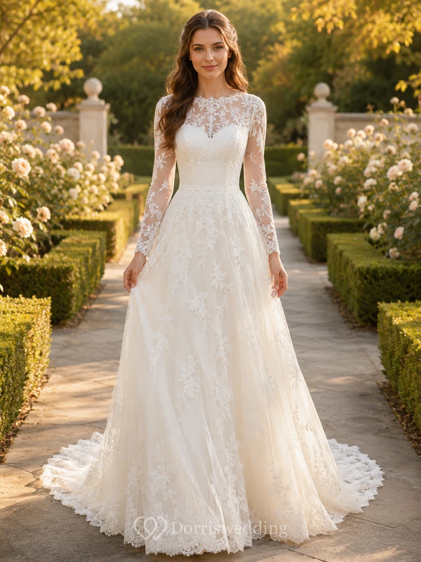 Vestido de novia mormón de corte A con cuello alto y encaje, manga larga ilusión y cola de capilla.
