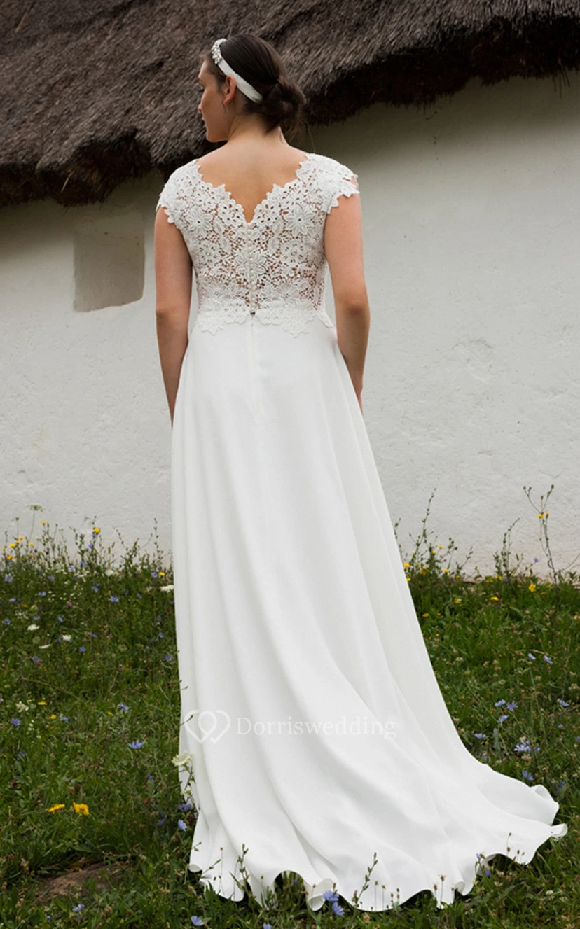 Modern Chiffon Floor-length Train Sleeveless A Line Button Wedding Dress view 2