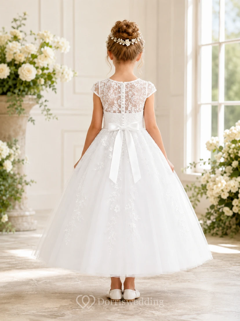 Robe de demoiselle d'honneur en tulle et corsage en dentelle avec nœud dans le dos view 2