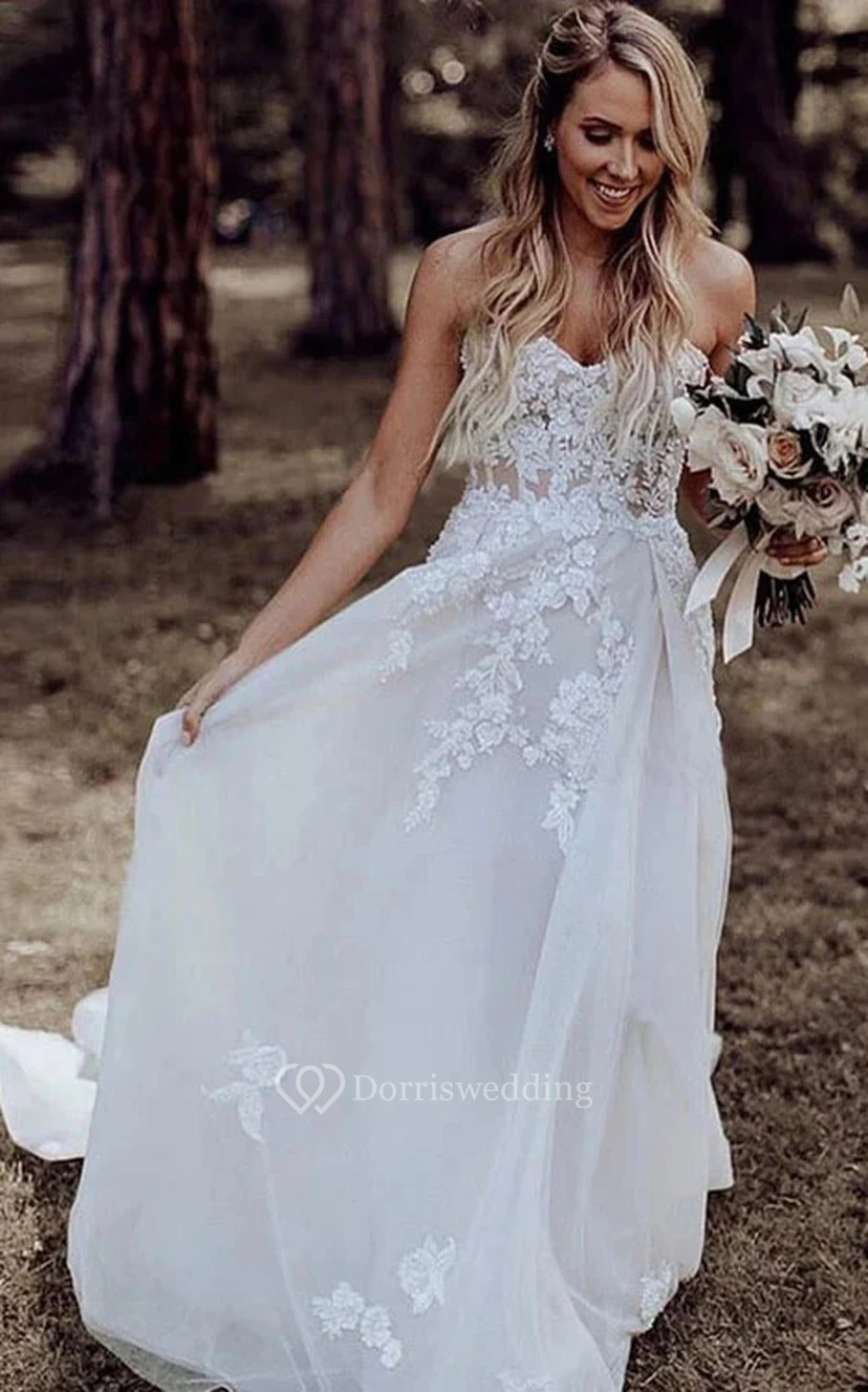Strapless Lace Applique Sheath Simple Elegant Wedding Dress view 2