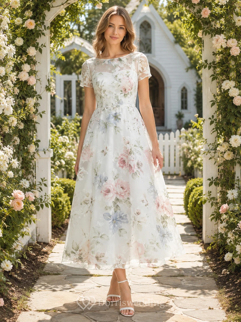 Vestido de novia de manga corta con estampado floral en tonos pastel y largo hasta la rodilla.