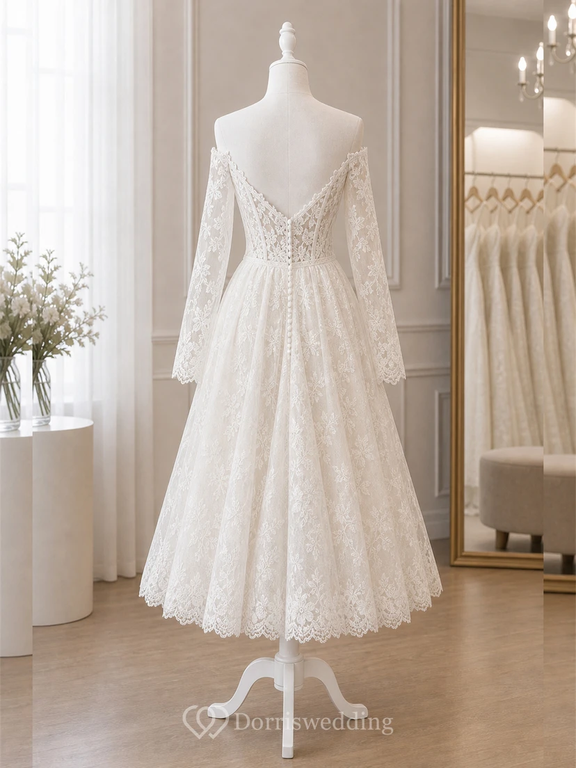 Boho-Brautkleid in Teelänge mit schulterfreiem Ausschnitt, langen Spitzenärmeln und voluminösem, floralem Spitzen-Midirock view 8