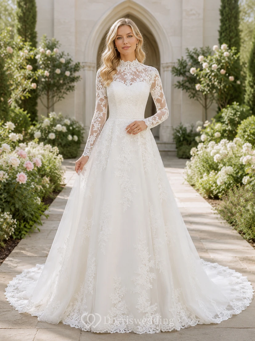 High Neck Long Sleeve Lace Chapel Garden Wedding Dress