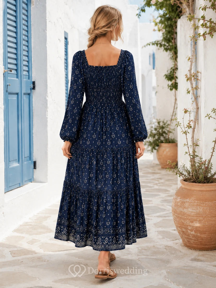 Indigo Peasant Dunkelblaues A-Linien-Kleid mit knöchellangem Ausschnitt, quadratischem Schnitt und langen Ärmeln aus Spitze im Boho-Stil view 2