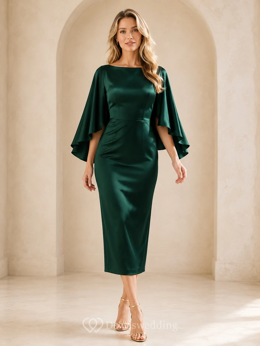 Dark Green Bateau Cape Sleeve Satin Sheath Tea-Length Wedding Guest Dress