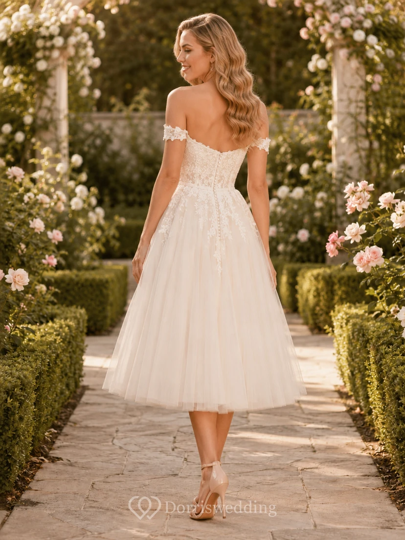 Garden Betrothal Ivory A-Line Tea-Length Off-Shoulder Short-Sleeve Tulle Romantic Cocktail Dress view 2