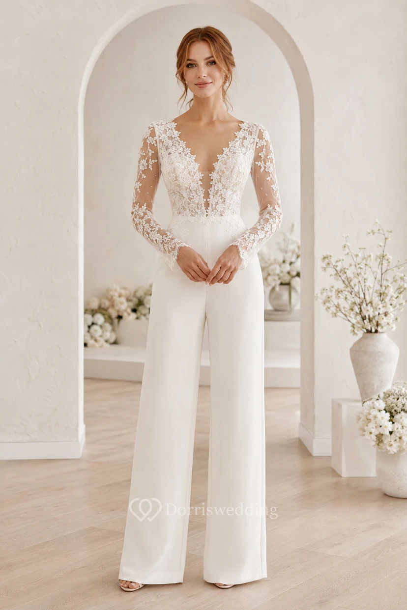 Combinaison de mariage ivoire à col en V et manches longues en dentelle