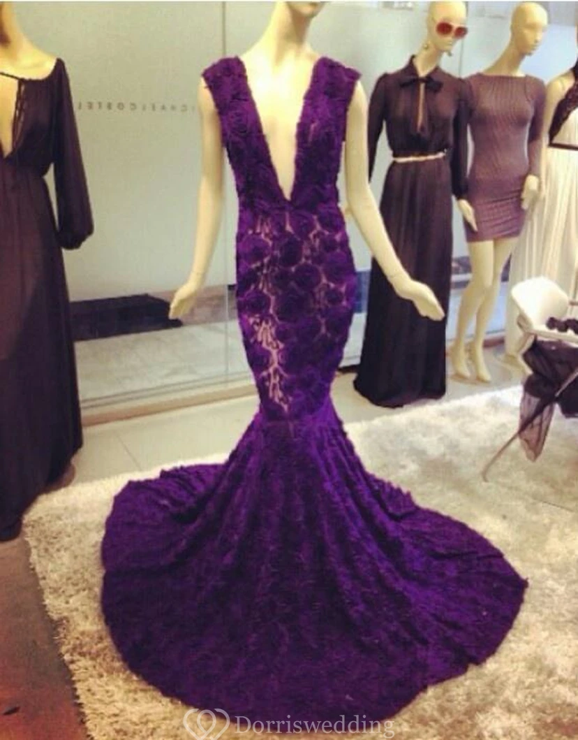 Modern Deep V-Neck Purple Prom Dresses Mermaid Lace Flowers