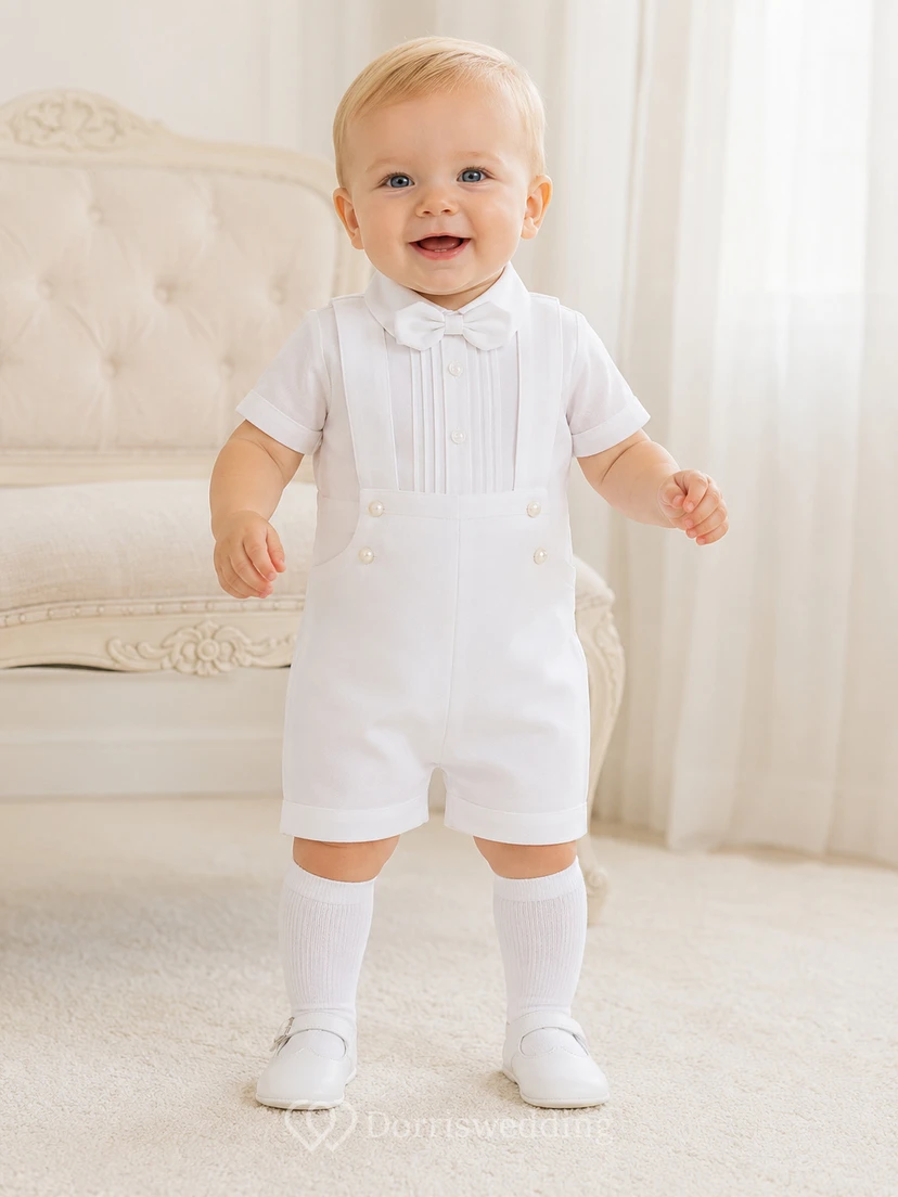 White Double Button Bib Short Sleeve Christening Romper for Baby Boy