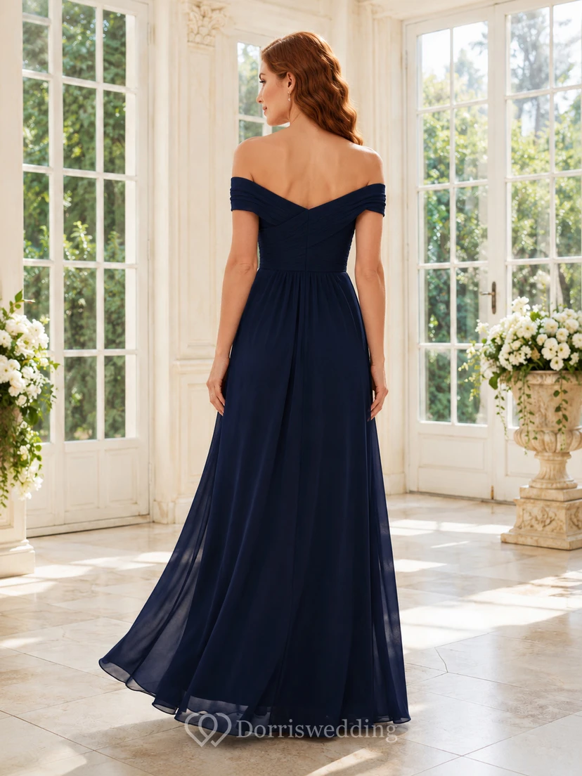 Mansion Formal Dark Navy Romantic Elegant A-Line Chiffon Bridesmaid Dress with Off Shoulder Sweetheart Short Sleeve Floor-Length Low Back view 2