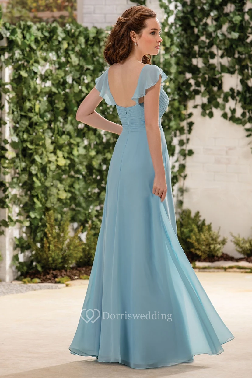 Brautjungfernkleid in A-Linie mit kurzen Ärmeln, überkreuzten Raffungen und eckigem Rückenausschnitt. view 2