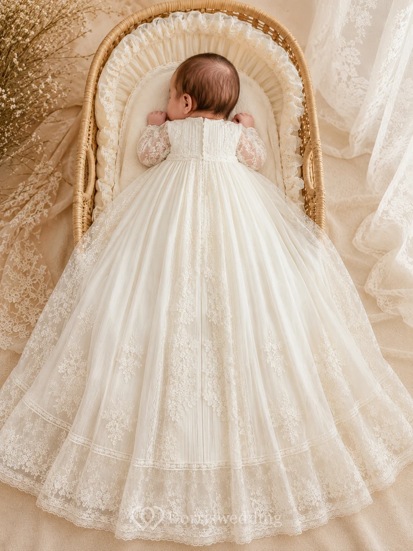 Christening Gown A-Line Lace Tulle High Neck Long Sleeve Center Applique
