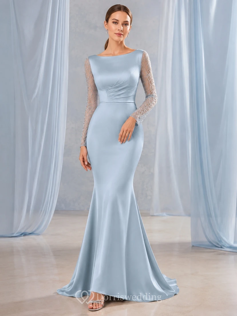 Himmelblaues, bodenlanges Meerjungfrauen-Abendkleid mit Spitzenärmeln, Rundhalsausschnitt und Meerjungfrauenschnitt