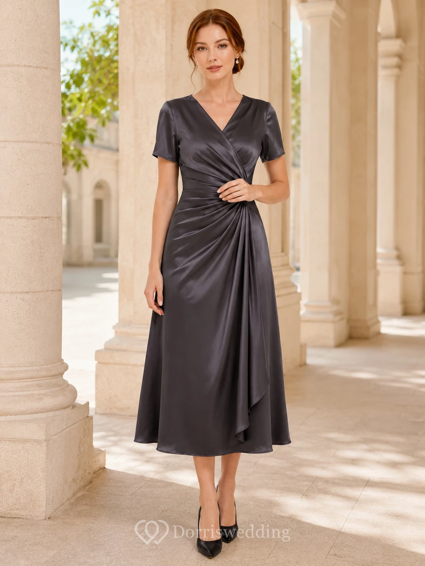 Charcoal Short Sleeve Ruched Wrap Satin Luncheon Dress
