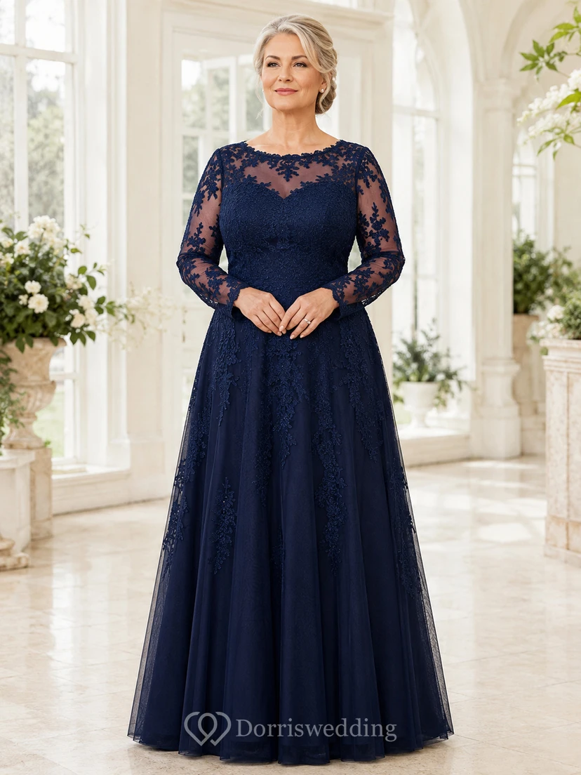 Dunkelblaues Spitzenkleid in Übergröße, elegantes Mutterkleid mit Illusion-Bateau-Ausschnitt, langen Ärmeln, A-Linie und bodenlangem Tüllrock