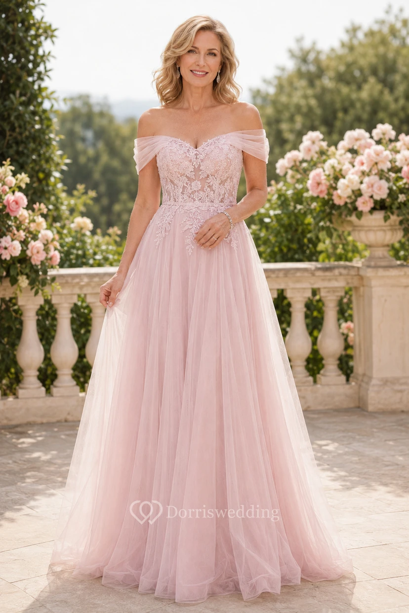 Blush Off-Shoulder Tulle A-Line Mother Dress With Lace Bodice