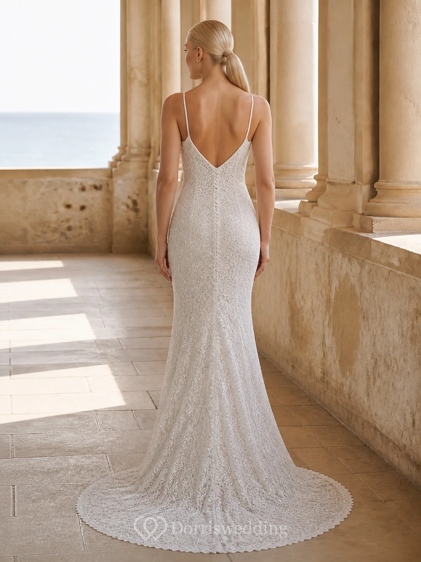 Vestido de novia largo hasta el suelo, sexy, brillante, de tirantes finos, escote en V y sin mangas. view 2