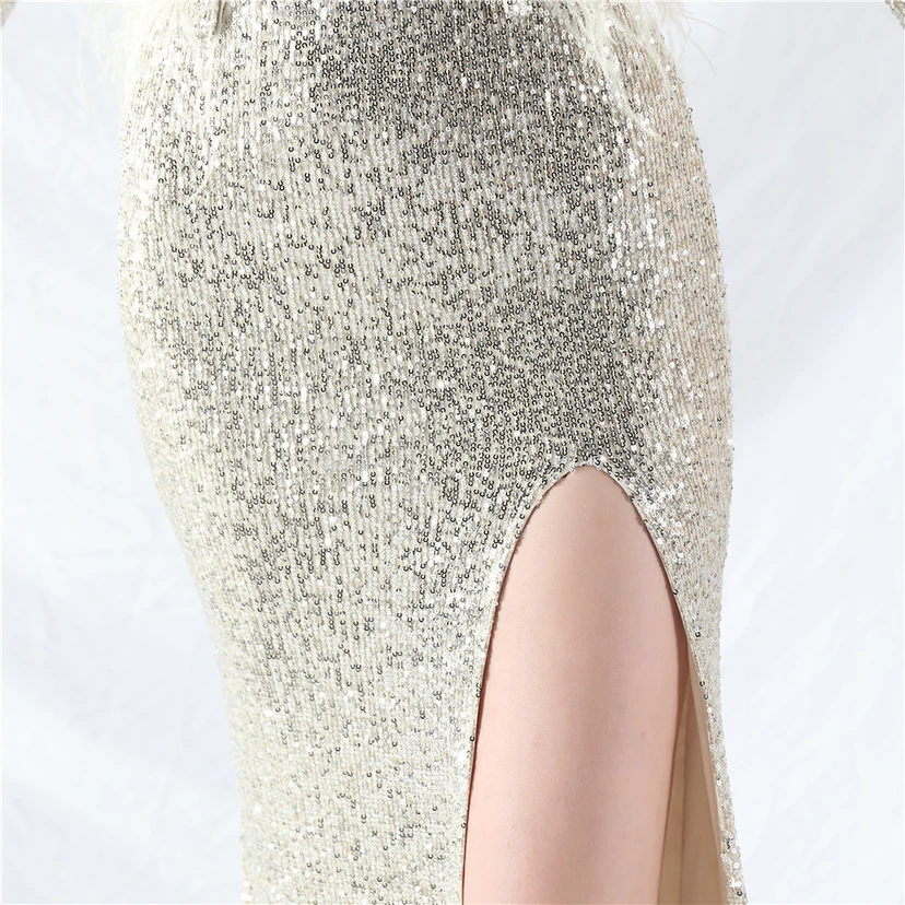 Craft-Made Ostrich Feather Long-Sleeved Beads Evening Dress view 55