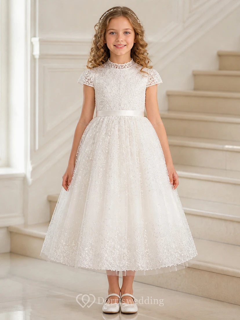 Modest Tea-length A-Line High Neck Short Sleeve Lace Flowergirl Dress