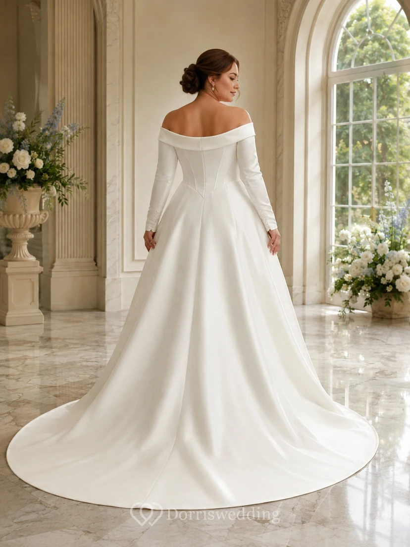 Plus Size Langarm-Brautkleid aus Satin mit schulterfreiem Ausschnitt und taillierter Silhouette view 2