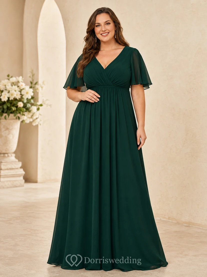 Elegante vestido formal largo hasta el suelo de gasa, color verde oscuro, con escote en V y mangas acampanadas, de talla grande.