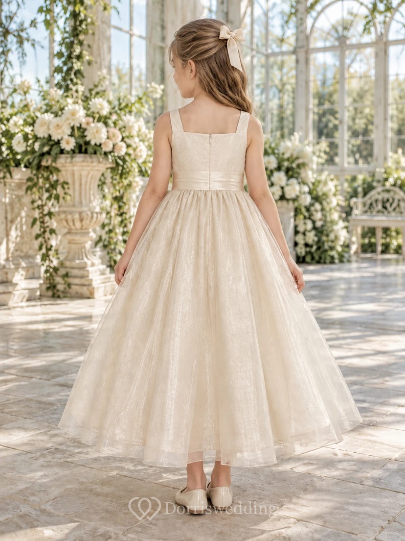Square Neck Champagne Sleeveless Sash Shimmering Organza A-line Flower Girl Dress view 2