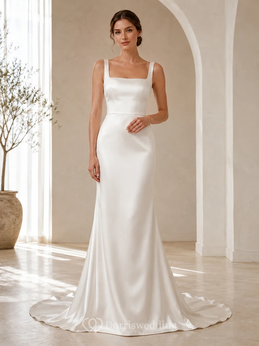 Minimalist Charmeuse Wedding Dress Sheath Square Neck Sleeveless Sweep Train Bridal Gown