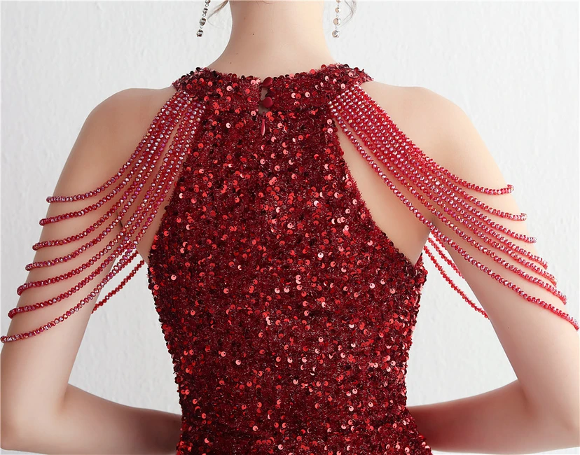 Heavy-Duty Glass Bead Craft Beaded Banquet Evening Dress Temperament Elegant Long Halter Neck Slit Sequins view 47