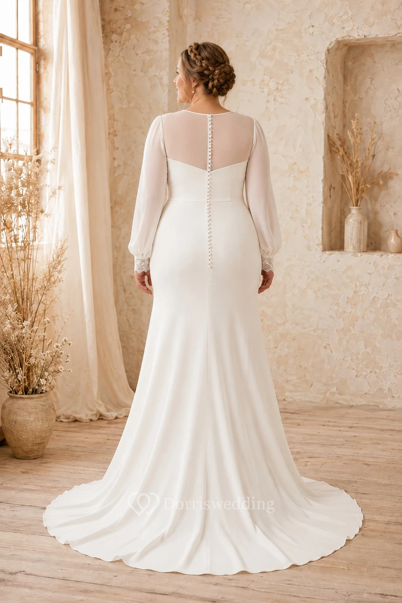 Robe de mariée fourreau illusion ivoire grande taille à manches longues et dos boutonné view 2
