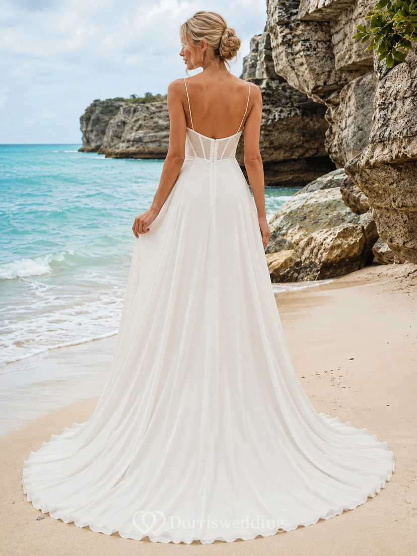 Trägerloses, herzförmiges, drapiertes Chiffon-A-Linien-Brautkleid mit Schleppe für den Strand view 2