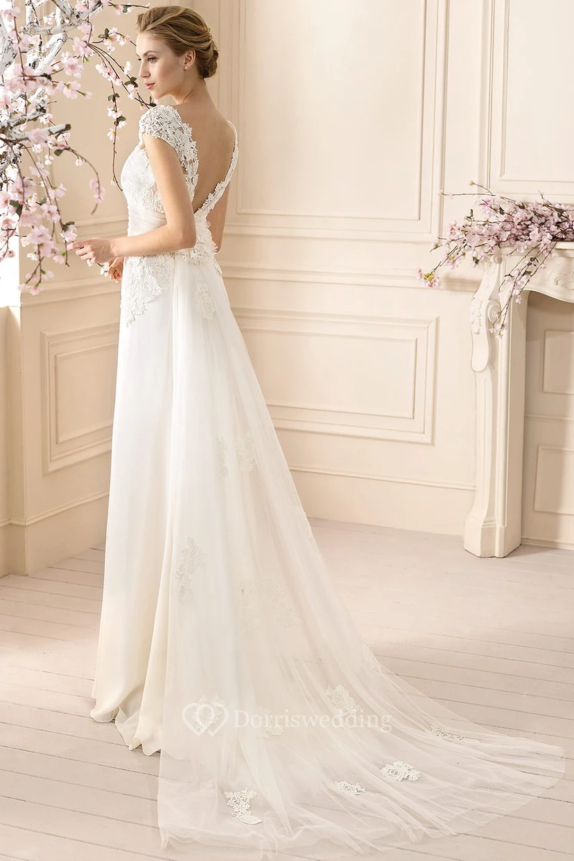 Sheath Floor-Length Cap-Sleeve Appliqued High-Neck Jersey Wedding Dress view 2