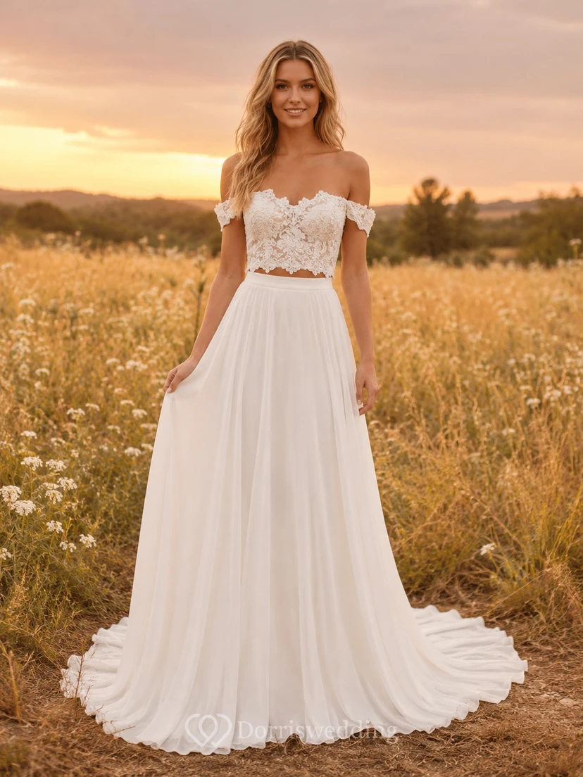 Two Piece Off Shoulder Lace Crop Meadow A Line Gown