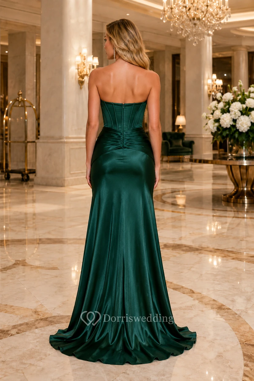 Dunkelgrünes, trägerloses Meerjungfrauen-Abendkleid aus Satin mit Schlitz view 2