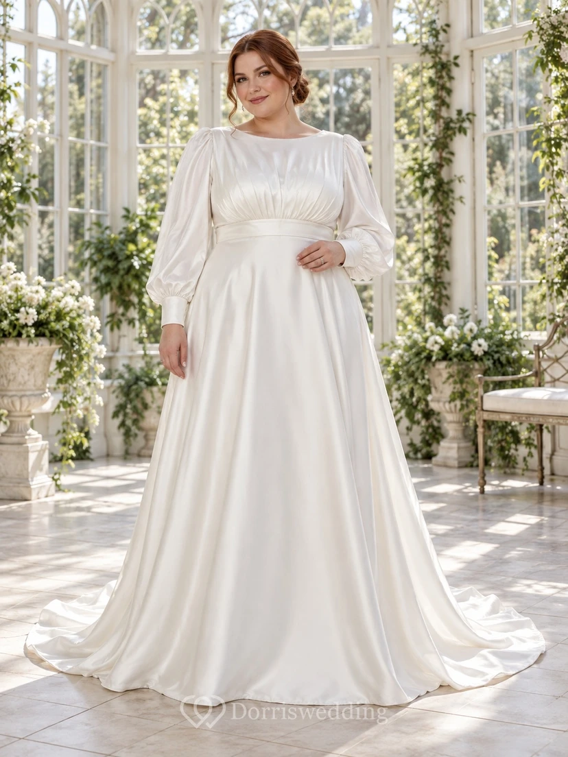 Vestido de novia de satén de manga larga, corte imperio, corpiño fruncido y cola de barrido.
