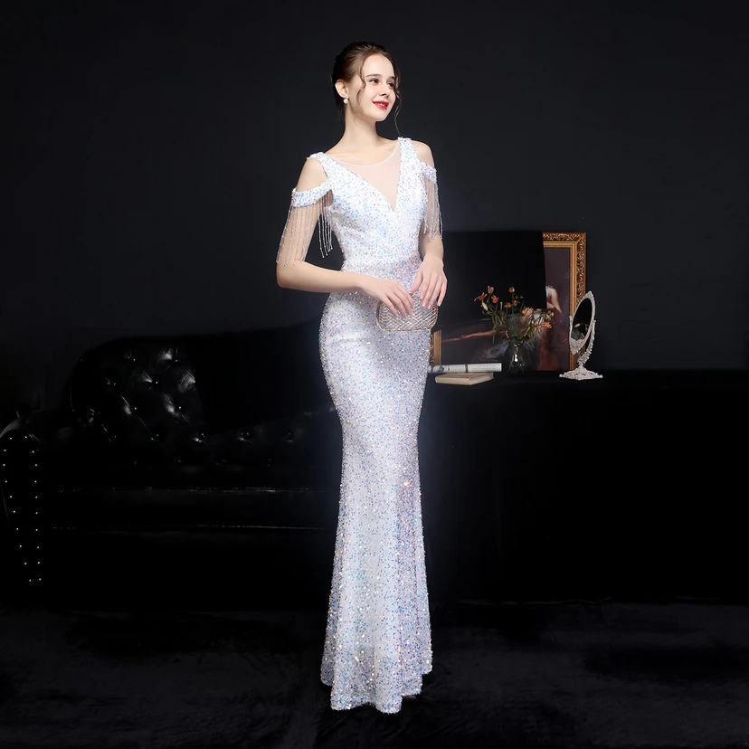Vestido de novia largo con lentejuelas para banquete, falda ajustada de cola de pez, modelo de coche de boda, vestido de exhibición view 30