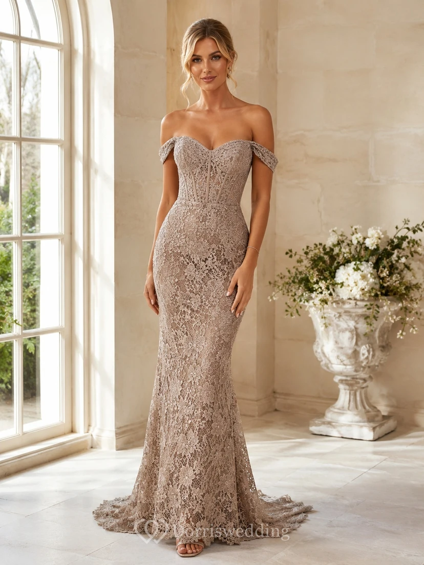 Taupe Lace Off-the-shoulder Short Sleeve Mermaid Floor-length Romantic Formal Evening Dress