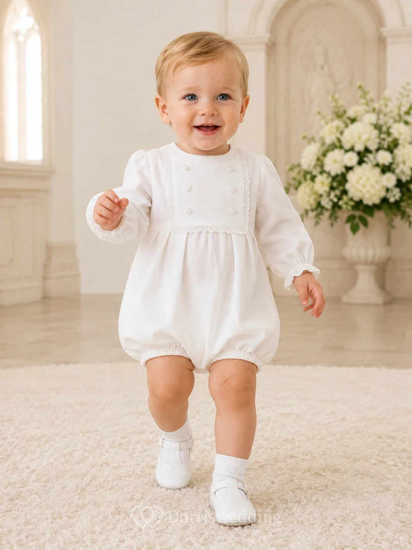 White Smocked Bib Long Sleeve Christening Bubble Romper for Baby Boy