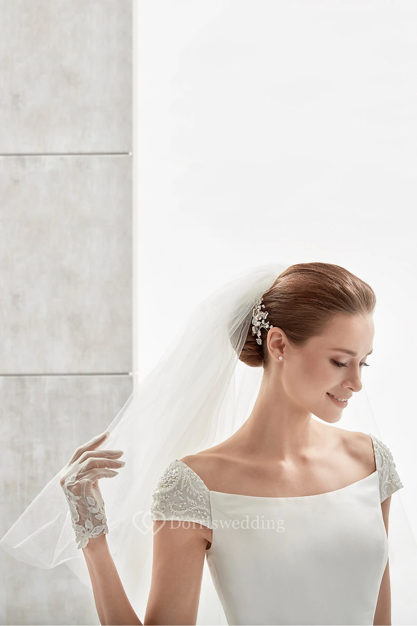 Simple Cap-Sleeve Satin A-Line Wedding Dress With Brush Train And Lace Straps view 3