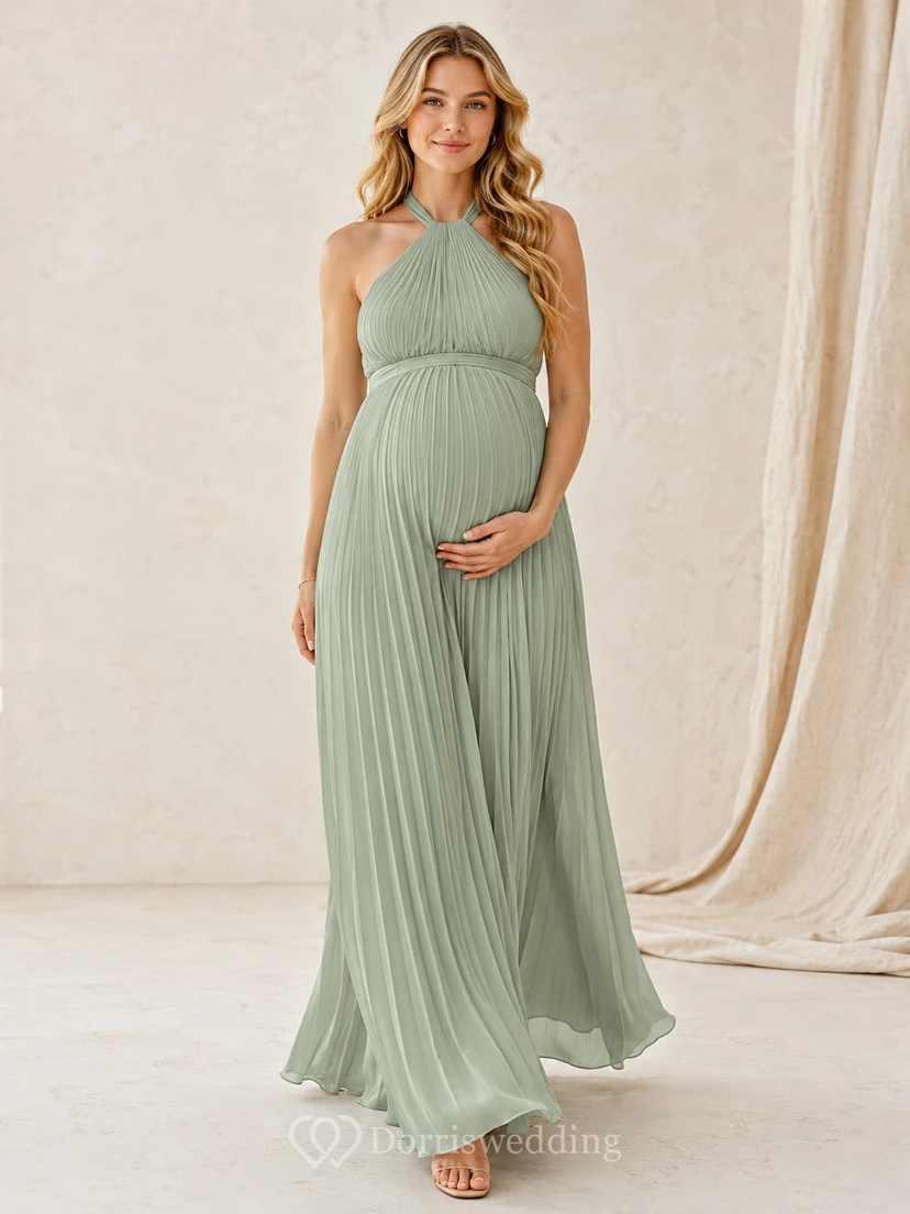 Vestido de dama de honor largo hasta el suelo de gasa plisada con escote halter estilo imperio de Sage Maternity