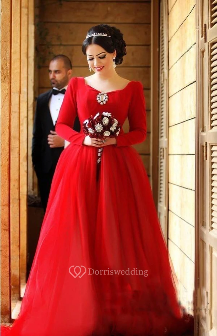 Newest Long Sleeve Tulle Red Wedding Dress Bowknot Long Train