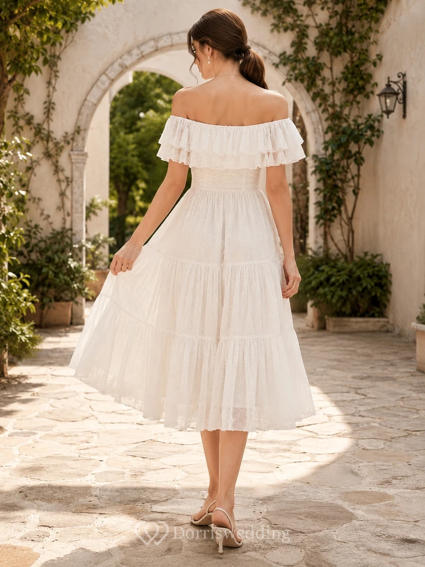 Vestido casual formal blanco de corte A, largo midi, con volantes y escote Bardot. view 2