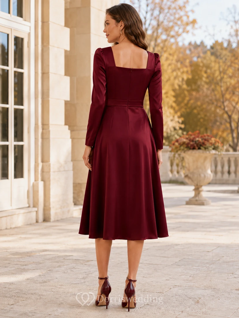 Claret Square Neck Long Sleeve Satin A-Line Tea Wedding Guest Dress view 2